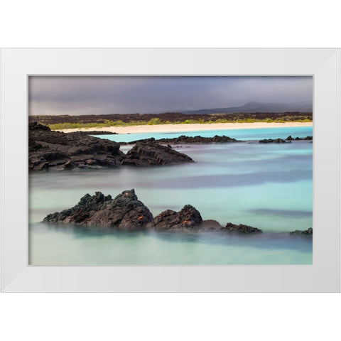 Lava rocks along tranquil shoreline of San Cristobal Island-Galapagos-Ecuador White Modern Wood Framed Art Print by Jones, Adam