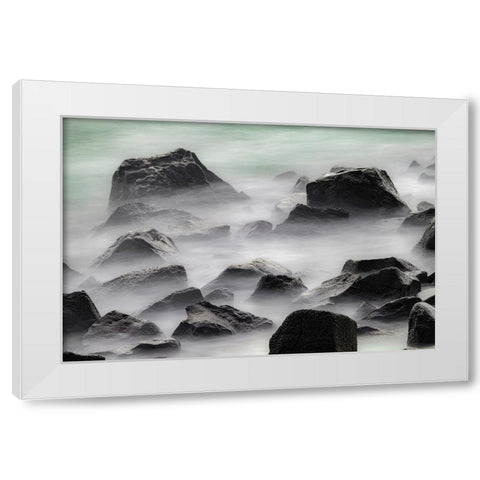 Waves crashing over lava rocks on shoreline of Espanola Island-Galapagos Islands-Ecuador White Modern Wood Framed Art Print by Jones, Adam