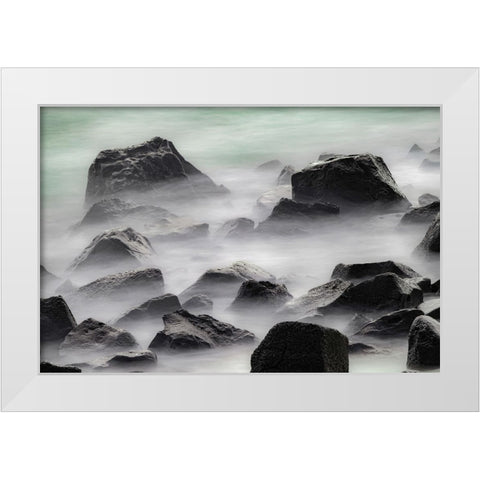 Waves crashing over lava rocks on shoreline of Espanola Island-Galapagos Islands-Ecuador White Modern Wood Framed Art Print by Jones, Adam