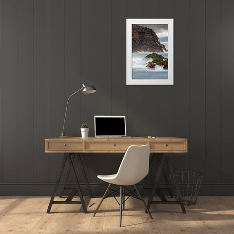 Waves crashing over lava rocks on shoreline of Espanola Island-Galapagos Islands-Ecuador White Modern Wood Framed Art Print by Jones, Adam