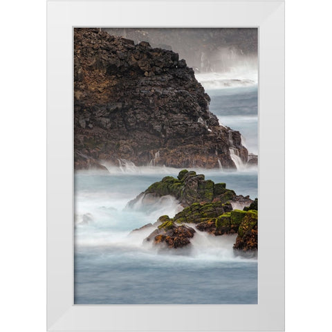 Waves crashing over lava rocks on shoreline of Espanola Island-Galapagos Islands-Ecuador White Modern Wood Framed Art Print by Jones, Adam