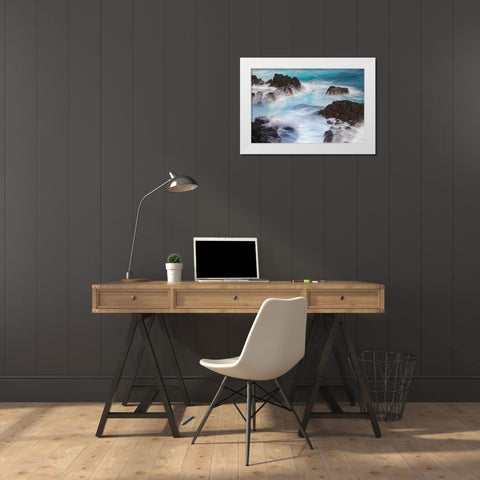 Waves crashing over lava rocks on shoreline of Espanola Island-Galapagos Islands-Ecuador White Modern Wood Framed Art Print by Jones, Adam