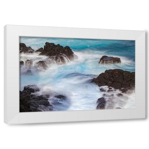 Waves crashing over lava rocks on shoreline of Espanola Island-Galapagos Islands-Ecuador White Modern Wood Framed Art Print by Jones, Adam