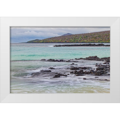 Small waves on lava rocks along shoreline of Floreana Island-Galapagos Islands-Ecuador White Modern Wood Framed Art Print by Jones, Adam