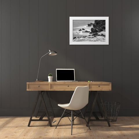 Rocky shoreline covered in Sesuvium-South Plaza Island-Galapagos Islands-Ecuador White Modern Wood Framed Art Print by Jones, Adam