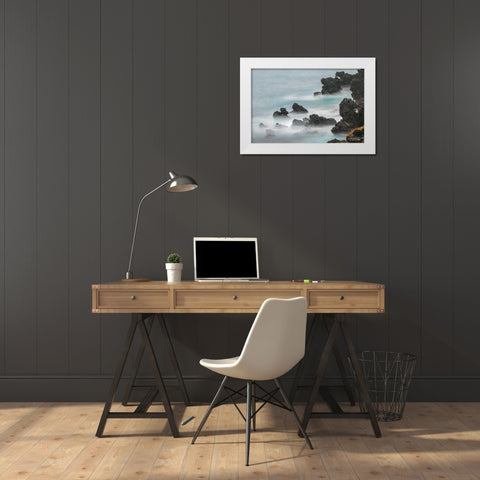 Rocky shoreline of South Plaza Island-Galapagos Islands-Ecuador White Modern Wood Framed Art Print by Jones, Adam