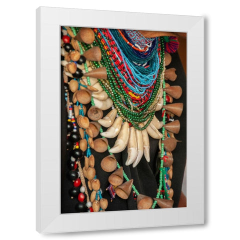 The elaborate regalia of a shaman in the Amazon jungle features jaguar teeth and beads. White Modern Wood Framed Art Print by Sederquist, Betty