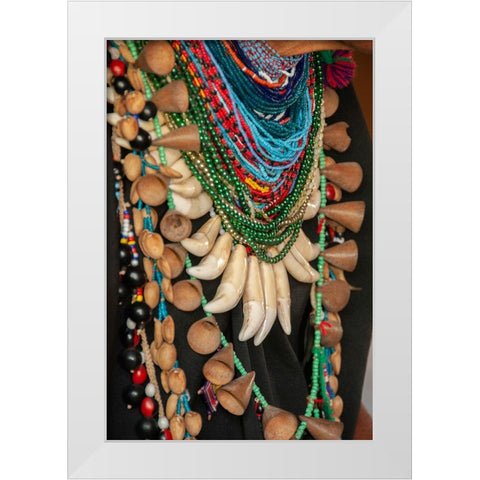 The elaborate regalia of a shaman in the Amazon jungle features jaguar teeth and beads. White Modern Wood Framed Art Print by Sederquist, Betty