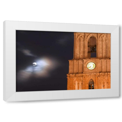 Mexico, Evening sky with moon and church clock White Modern Wood Framed Art Print by Rotenberg, Nancy