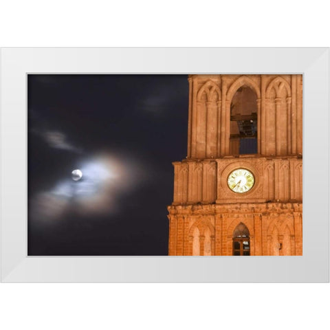Mexico, Evening sky with moon and church clock White Modern Wood Framed Art Print by Rotenberg, Nancy