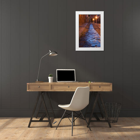 Mexico Streak of water on cobblestone street White Modern Wood Framed Art Print by Rotenberg, Nancy