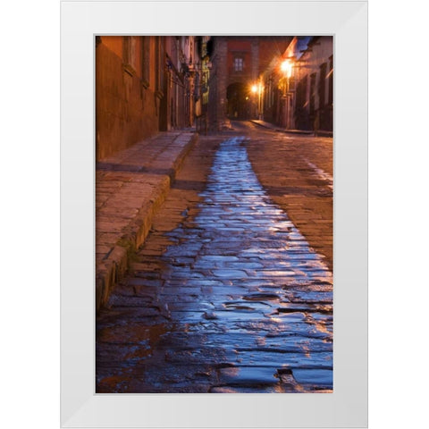 Mexico Streak of water on cobblestone street White Modern Wood Framed Art Print by Rotenberg, Nancy