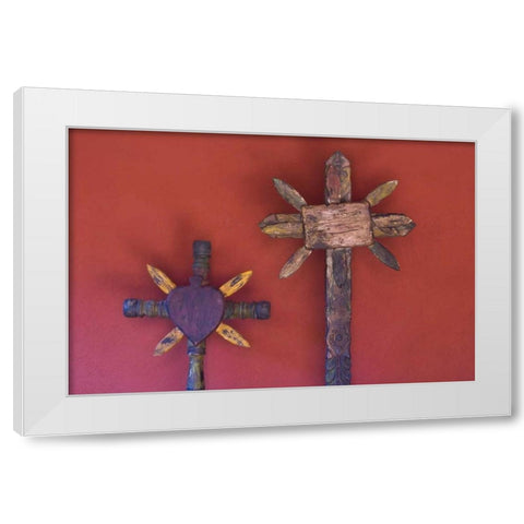 Mexico Two wooden crosses against red wall White Modern Wood Framed Art Print by Young, Bill