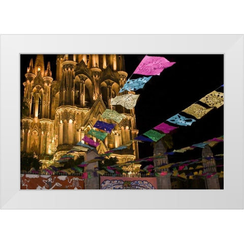 Mexico Festival banners in front of a church White Modern Wood Framed Art Print by Young, Bill
