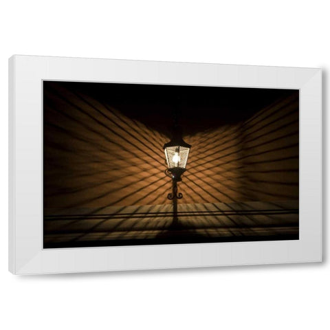 Mexico Wire cage lamp at night creates shadows White Modern Wood Framed Art Print by Young, Bill