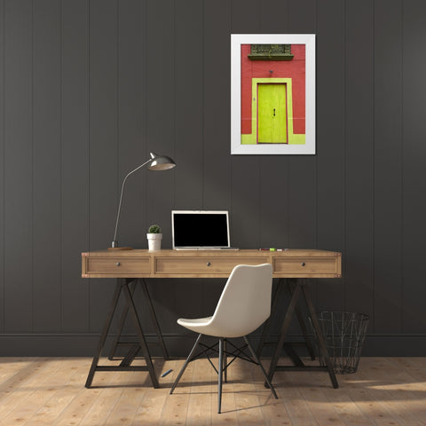 Mexico, Tlaquepaque Wall with lime green door White Modern Wood Framed Art Print by Young, Bill