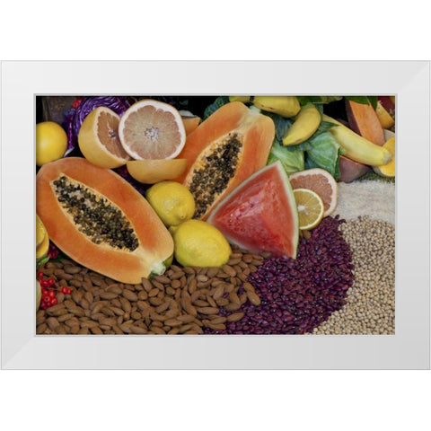Mexico, Tecate Display of fruit, nuts and grains White Modern Wood Framed Art Print by Paulson, Don