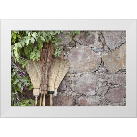 Mexico Brooms leaning against stone wall White Modern Wood Framed Art Print by Paulson, Don