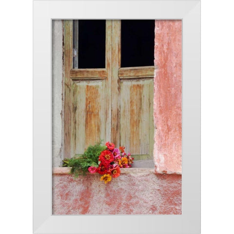 Mexico Zinnias outside window frame White Modern Wood Framed Art Print by Rotenberg, Nancy