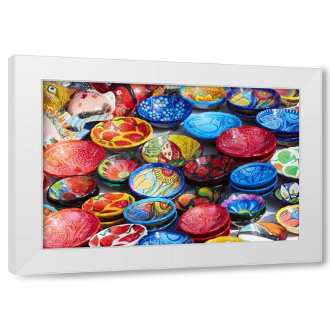 Mexico, Jalisco Bowls for sale in street market White Modern Wood Framed Art Print by Ross, Steve