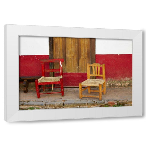 Mexico, Jalisco Rustic door and chairs White Modern Wood Framed Art Print by Ross, Steve
