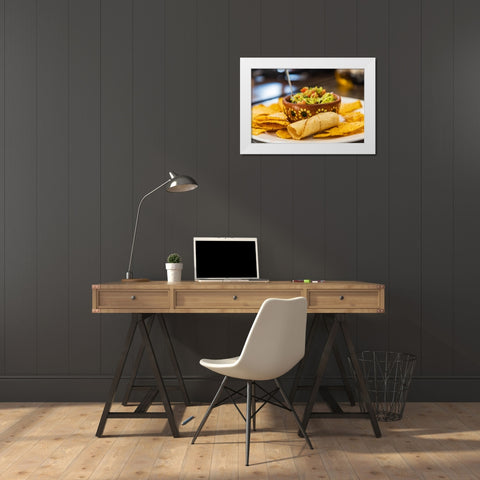 San Ignacio- Mulege- Baja California Sur- Mexico. Chips and guacamole in a cafe in San Ignacio. White Modern Wood Framed Art Print by Wilson, Emily M.