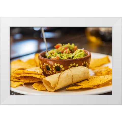 San Ignacio- Mulege- Baja California Sur- Mexico. Chips and guacamole in a cafe in San Ignacio. White Modern Wood Framed Art Print by Wilson, Emily M.