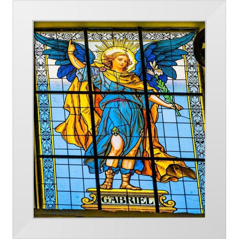 Colorful Archangel Gabriel Stained glass Cathedral Puebla-Mexico Built in 15 to 1600s White Modern Wood Framed Art Print by Perry, William