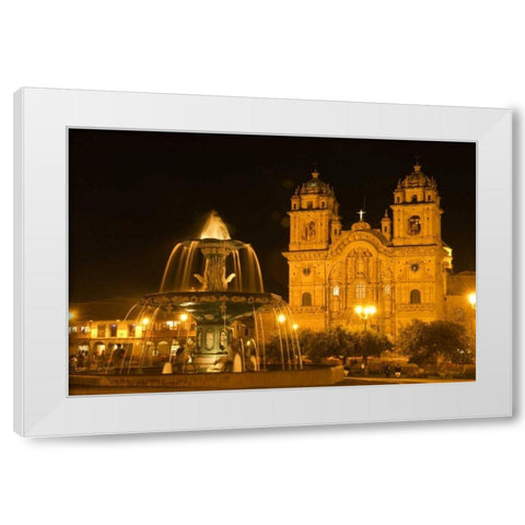 Peru, Cusco, Fountain and Cathedral of Cusco White Modern Wood Framed Art Print by Kirkland, Dennis