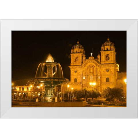 Peru, Cusco, Fountain and Cathedral of Cusco White Modern Wood Framed Art Print by Kirkland, Dennis