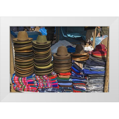 Peru, Pisac, Hats and clothes for sale at market White Modern Wood Framed Art Print by Kirkland, Dennis