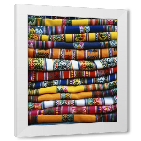 Peru Stack of blankets for sale in market White Modern Wood Framed Art Print by Zuckerman, Jim