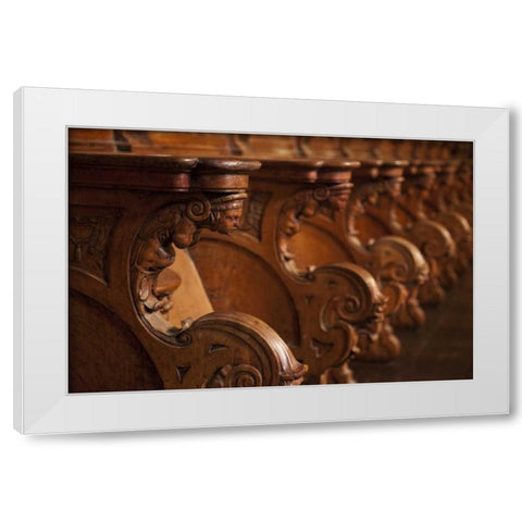 Peru, Lima, Detail of wood seats in the cathedral White Modern Wood Framed Art Print by Kaveney, Wendy
