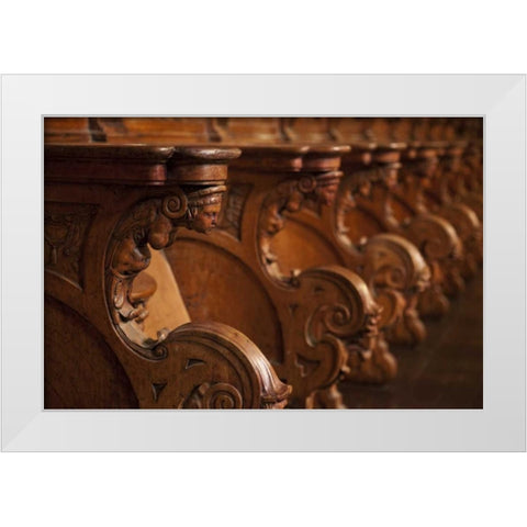 Peru, Lima, Detail of wood seats in the cathedral White Modern Wood Framed Art Print by Kaveney, Wendy