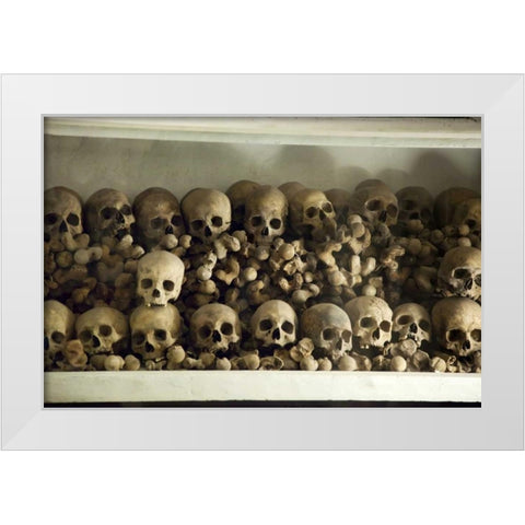 Peru, Lima Skulls and bones in the crypt White Modern Wood Framed Art Print by Kaveney, Wendy