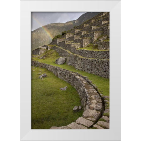 Rainbows over the terraces, Machu Picchu, Peru White Modern Wood Framed Art Print by Kaveney, Wendy
