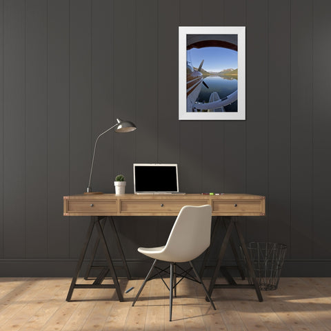 AK, Arctic NP Float plane parked on still waters White Modern Wood Framed Art Print by Anon, Josh