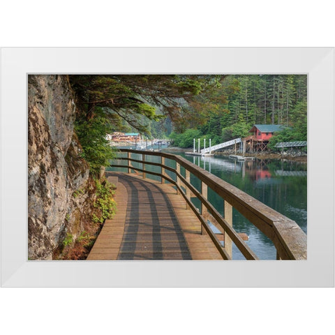 Alaska-Elfin Cove Boardwalk next to bay  White Modern Wood Framed Art Print by Jaynes Gallery