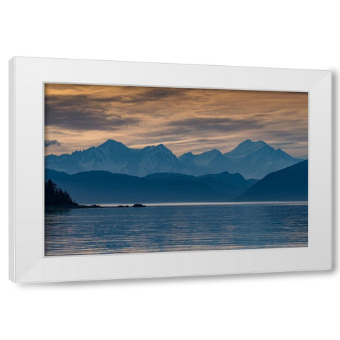 Sunset lights up the high mountains of Glacier Bay. White Modern Wood Framed Art Print by Sederquist, Betty