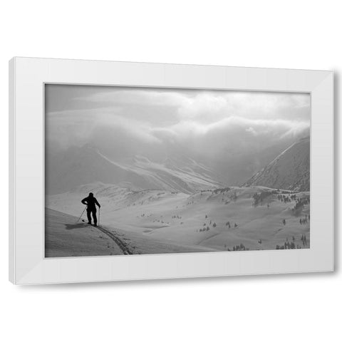 Backcountry Skier Standing On A Ridge In Turnagain Pass, Southcentral, Alaska (Mr) White Modern Wood Framed Art Print by Design Pics