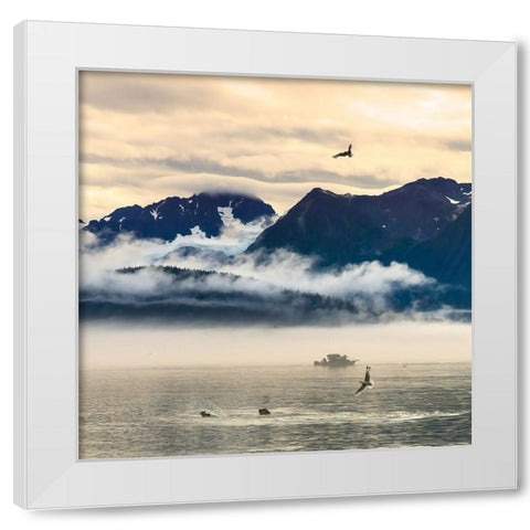 Fishing boat in Kenai Peninsula surrounded by mountains and wildlife White Modern Wood Framed Art Print by Muir, Janet