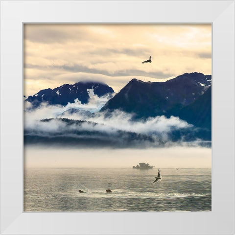 Fishing boat in Kenai Peninsula surrounded by mountains and wildlife White Modern Wood Framed Art Print by Muir, Janet