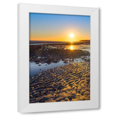 Alaska- Homer Spit. A sunset landscape over tide pools. White Modern Wood Framed Art Print by Muir, Janet