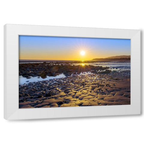 Alaska- Homer Spit. A sunset landscape over tide pools. White Modern Wood Framed Art Print by Muir, Janet