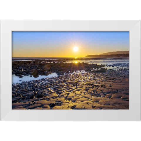 Alaska- Homer Spit. A sunset landscape over tide pools. White Modern Wood Framed Art Print by Muir, Janet