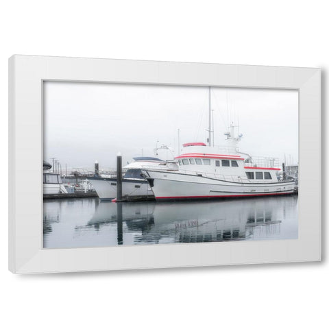 Alaska- Valdez. Two fishing boat in a foggy marina. White Modern Wood Framed Art Print by Muir, Janet