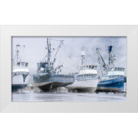 Alaska- Valdez. Fishing boats on dry dock. Artistic rendering. White Modern Wood Framed Art Print by Muir, Janet