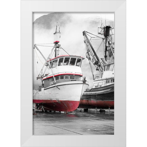 Alaska- Valdez. Fishing boats on dry dock. Artistic rendering. White Modern Wood Framed Art Print by Muir, Janet