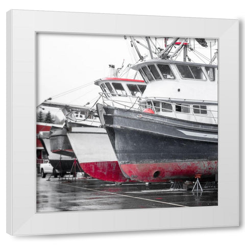 Alaska- Valdez. Fishing boats on dry dock. Artistic rendering. White Modern Wood Framed Art Print by Muir, Janet
