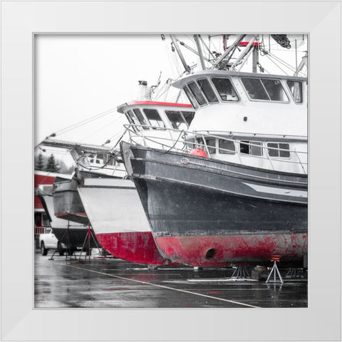 Alaska- Valdez. Fishing boats on dry dock. Artistic rendering. White Modern Wood Framed Art Print by Muir, Janet